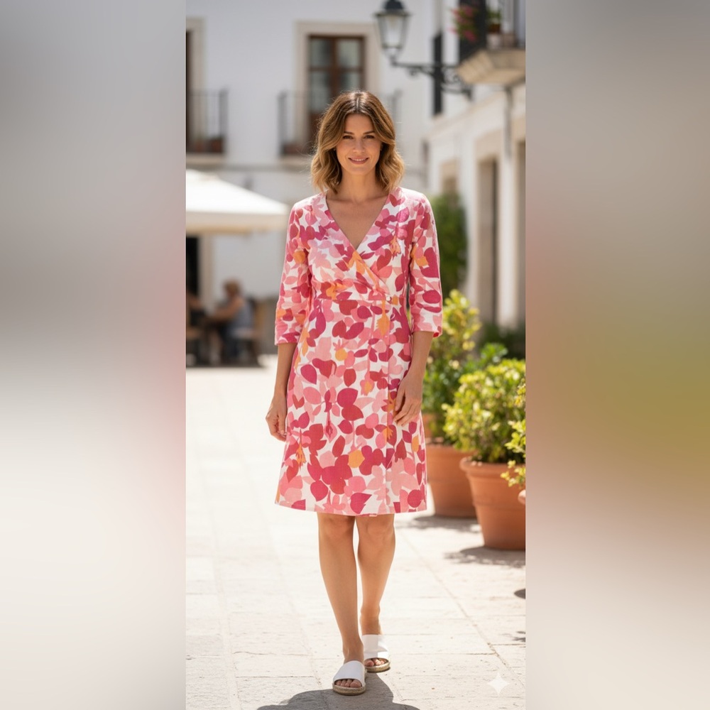 Boden 100% Linen‎ Dress Pink Leaf Print 3/4 Sleeve Size 4R